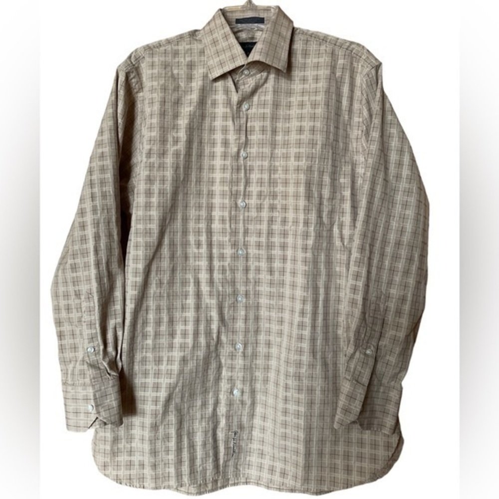 John W Nordstrom‎ Mens Dress Shirt Egyptian Cotton 16 34 Tan Checked Office